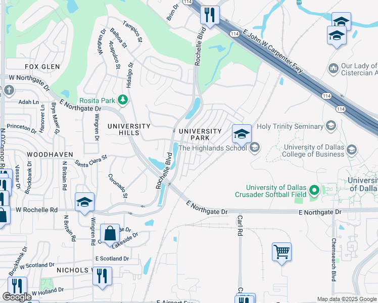 map of restaurants, bars, coffee shops, grocery stores, and more near 3214 University Park Lane in Irving