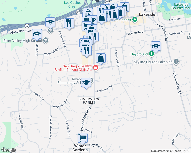 map of restaurants, bars, coffee shops, grocery stores, and more near 9379 Winter Gardens Boulevard in Lakeside