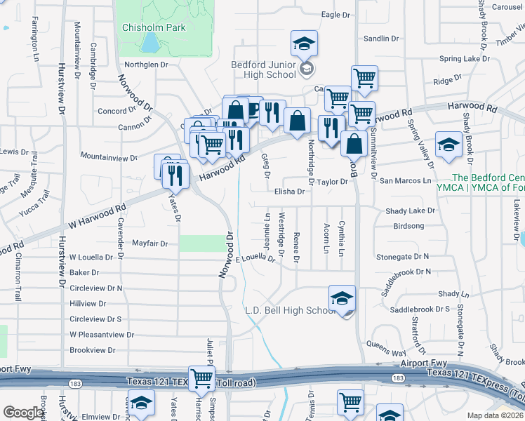 map of restaurants, bars, coffee shops, grocery stores, and more near 121 Shady Lake Court in Hurst