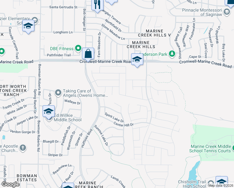 map of restaurants, bars, coffee shops, grocery stores, and more near 6101 Hickory Hills in Fort Worth