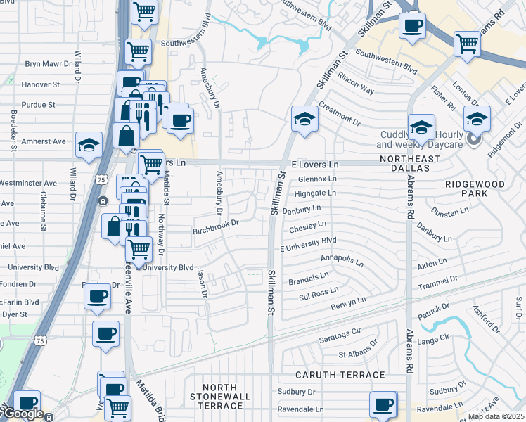 map of restaurants, bars, coffee shops, grocery stores, and more near 6060 Danbury Lane in Dallas