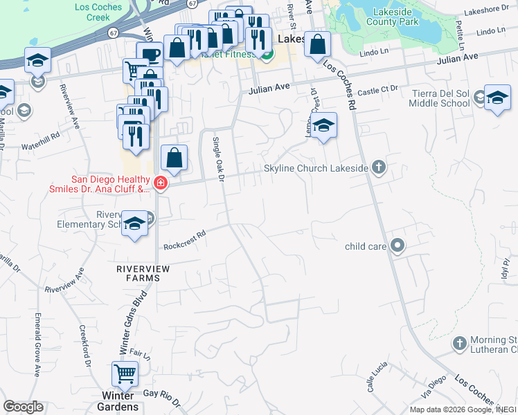 map of restaurants, bars, coffee shops, grocery stores, and more near 9438 Janet Lane in Lakeside
