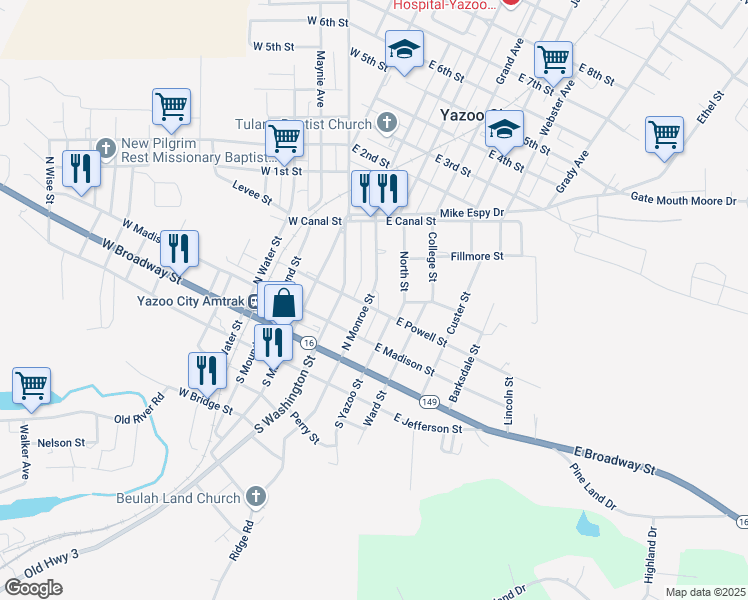 map of restaurants, bars, coffee shops, grocery stores, and more near 308 North Monroe Street in Yazoo City