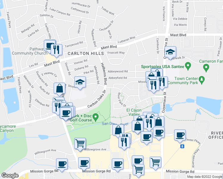 map of restaurants, bars, coffee shops, grocery stores, and more near 101 Willow Pond Road in Santee