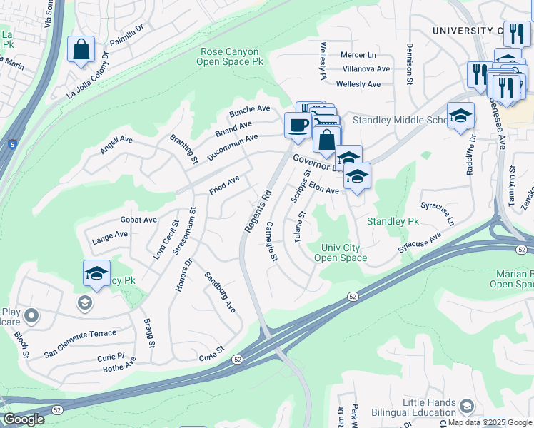 map of restaurants, bars, coffee shops, grocery stores, and more near 5872 Carnegie Street in San Diego