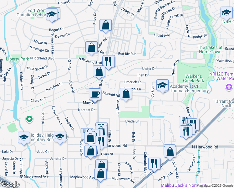 map of restaurants, bars, coffee shops, grocery stores, and more near 7837 Emerald Hills Way in North Richland Hills