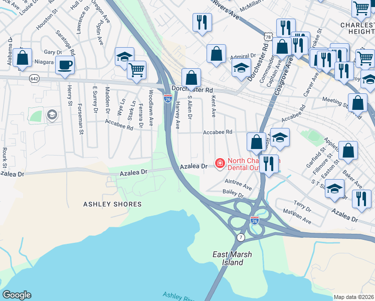 map of restaurants, bars, coffee shops, grocery stores, and more near 2652 South Allen Drive in North Charleston
