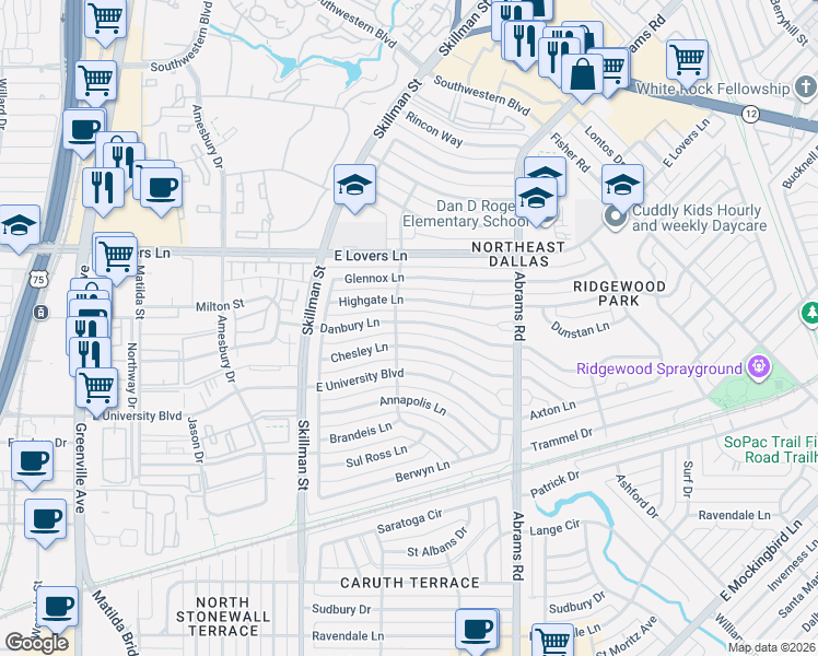 map of restaurants, bars, coffee shops, grocery stores, and more near 6208 Danbury Lane in Dallas