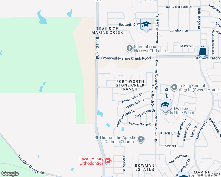 map of restaurants, bars, coffee shops, grocery stores, and more near 6249 Ryan Creek Road in Fort Worth