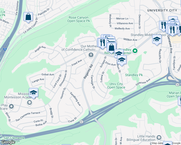 map of restaurants, bars, coffee shops, grocery stores, and more near 5872 Carnegie Street in San Diego