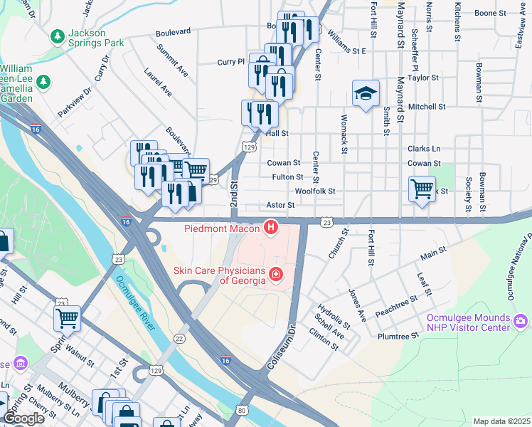 map of restaurants, bars, coffee shops, grocery stores, and more near 360 Emery Highway in Macon