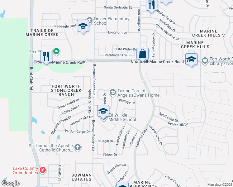 map of restaurants, bars, coffee shops, grocery stores, and more near 6169 Tilapia Drive in Fort Worth