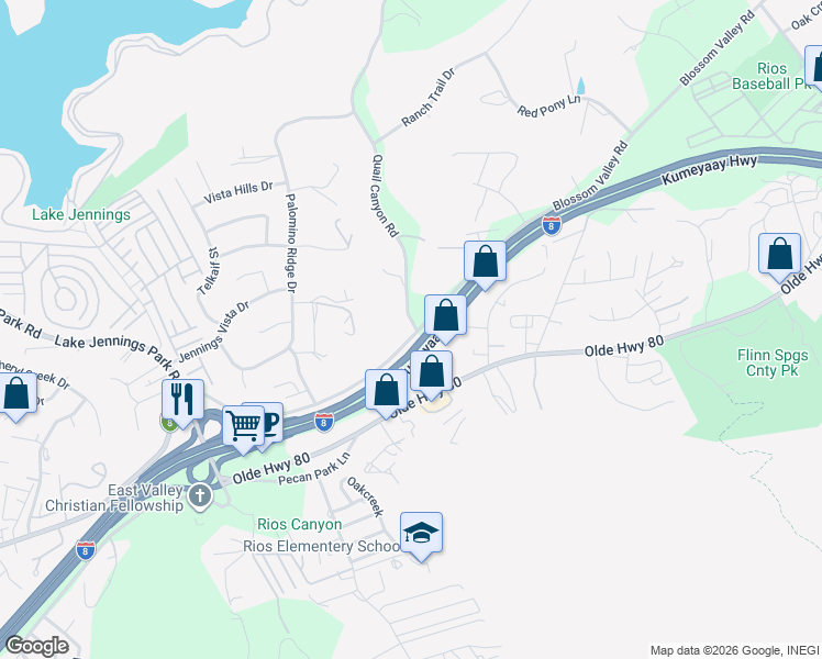 map of restaurants, bars, coffee shops, grocery stores, and more near 9346 Quail Canyon Road in El Cajon