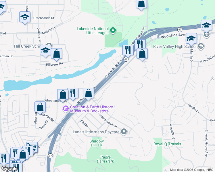 map of restaurants, bars, coffee shops, grocery stores, and more near 11311 Woodside Avenue in Santee