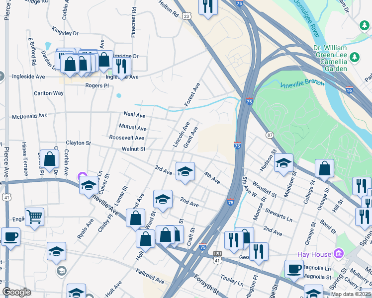 map of restaurants, bars, coffee shops, grocery stores, and more near 305 Grant Avenue in Macon