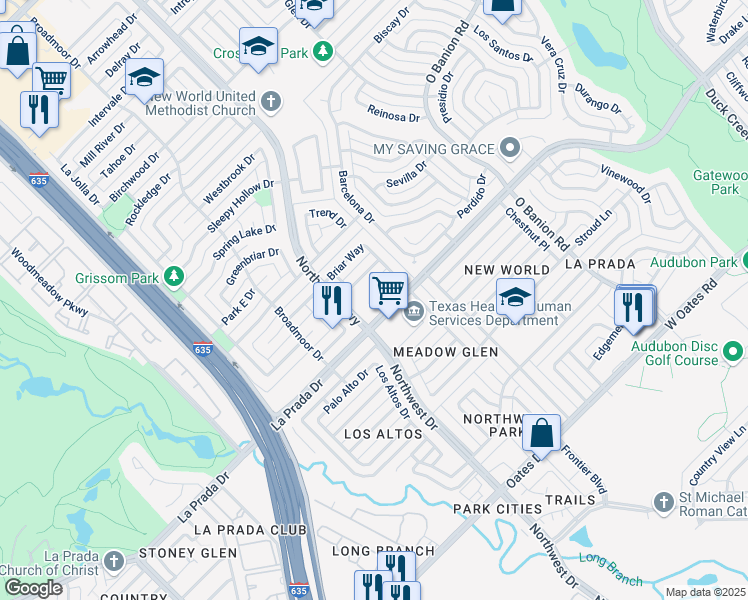 map of restaurants, bars, coffee shops, grocery stores, and more near 801 La Prada Drive in Garland