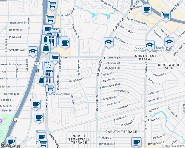 map of restaurants, bars, coffee shops, grocery stores, and more near 6060 Danbury Lane in Dallas