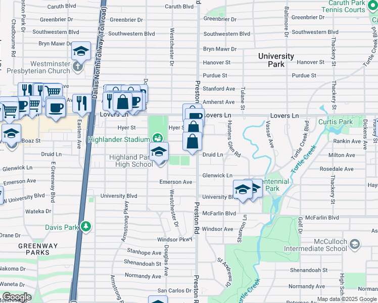 map of restaurants, bars, coffee shops, grocery stores, and more near 4124 Druid Lane in Dallas
