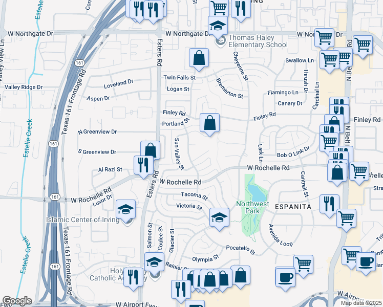 map of restaurants, bars, coffee shops, grocery stores, and more near 3925 Boise Court in Irving
