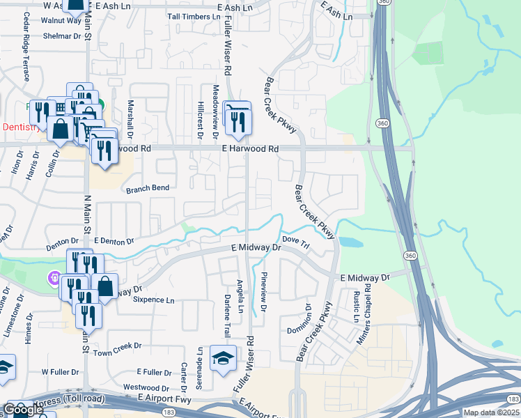 map of restaurants, bars, coffee shops, grocery stores, and more near 1002 Fuller Wiser Road in Euless