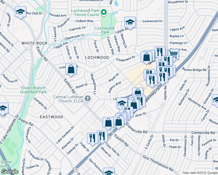 map of restaurants, bars, coffee shops, grocery stores, and more near 10805 Palace Way in Dallas