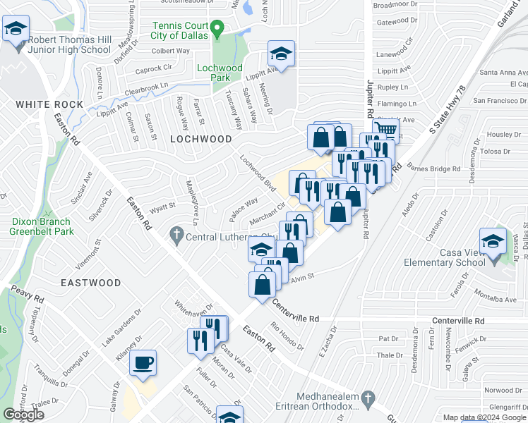 map of restaurants, bars, coffee shops, grocery stores, and more near 10903 Marchant Circle in Dallas