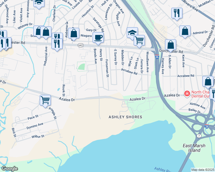 map of restaurants, bars, coffee shops, grocery stores, and more near 2744 Forseman Street in North Charleston