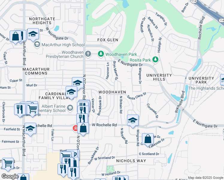 map of restaurants, bars, coffee shops, grocery stores, and more near 3301 Bryn Mawr Drive in Irving
