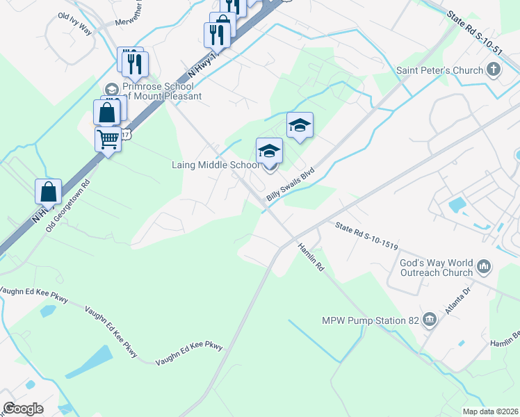 map of restaurants, bars, coffee shops, grocery stores, and more near 1309 Hamlin Road in Mount Pleasant