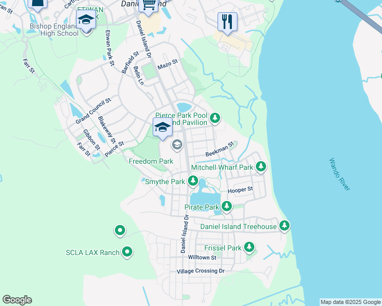 map of restaurants, bars, coffee shops, grocery stores, and more near 2372 Daniel Island Drive in Charleston