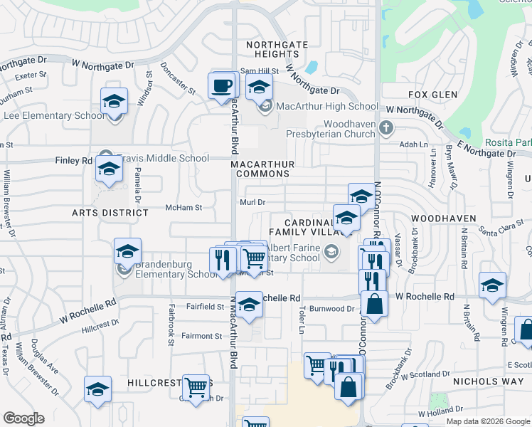 map of restaurants, bars, coffee shops, grocery stores, and more near 3213 Chisholm Trail in Irving