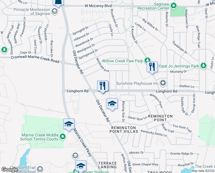 map of restaurants, bars, coffee shops, grocery stores, and more near 836 White Rock Street in Saginaw