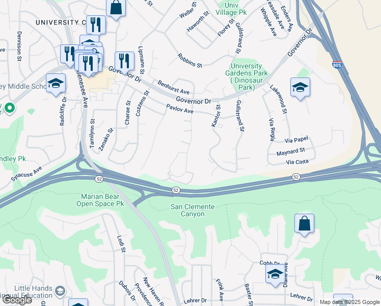 map of restaurants, bars, coffee shops, grocery stores, and more near 5907 Erlanger Street in San Diego