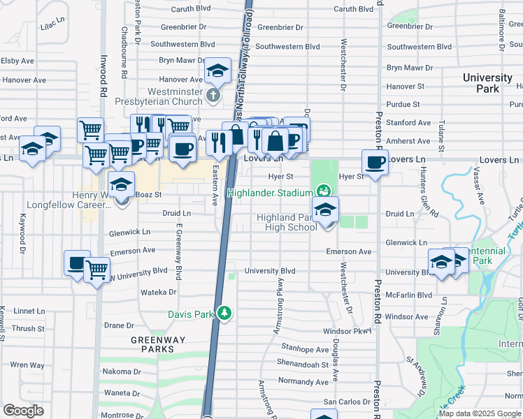 map of restaurants, bars, coffee shops, grocery stores, and more near 4424 Druid Lane in Dallas