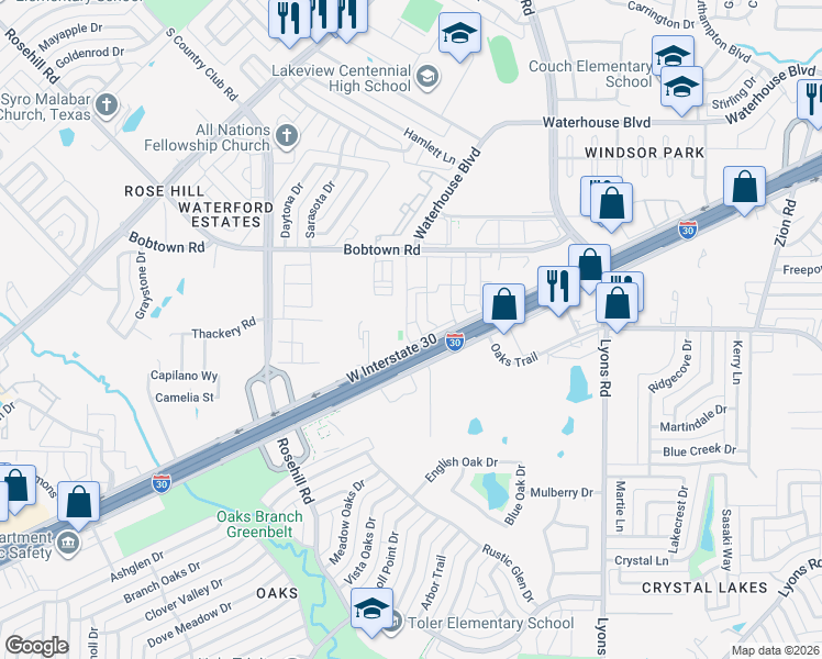 map of restaurants, bars, coffee shops, grocery stores, and more near 245 East Interstate 30 in Garland