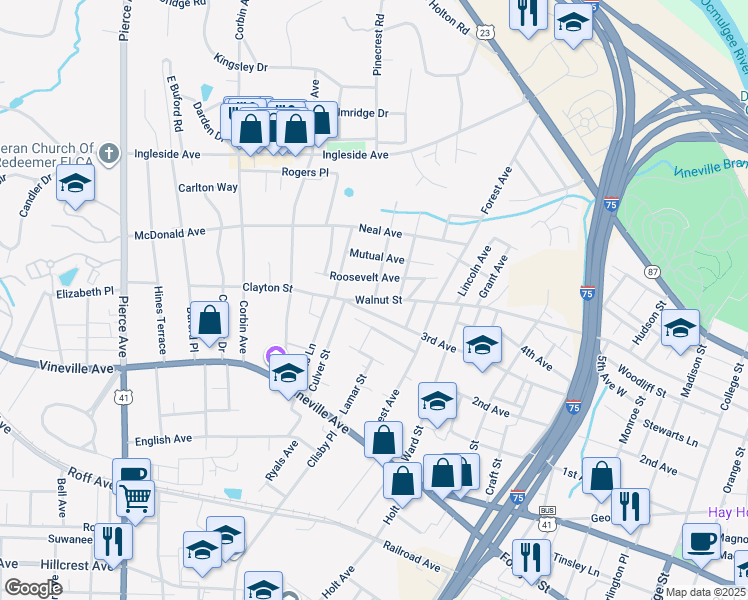 map of restaurants, bars, coffee shops, grocery stores, and more near Walnut Street in Macon