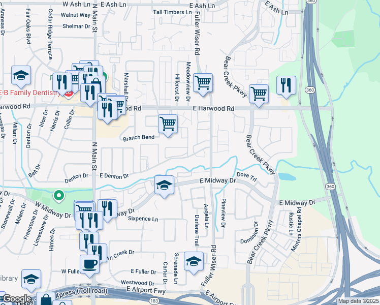 map of restaurants, bars, coffee shops, grocery stores, and more near 802 Palomino Drive in Euless