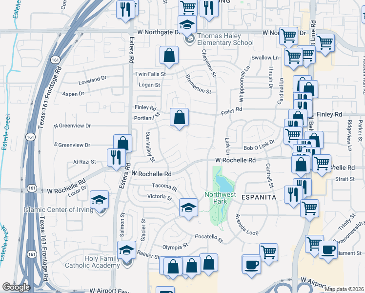 map of restaurants, bars, coffee shops, grocery stores, and more near 3904 Boise Court in Irving