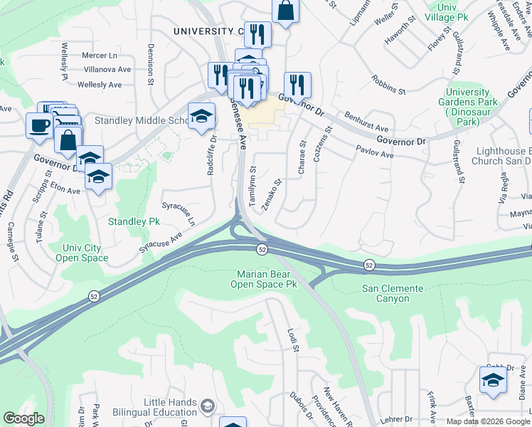 map of restaurants, bars, coffee shops, grocery stores, and more near 3911 Zenako Street in San Diego