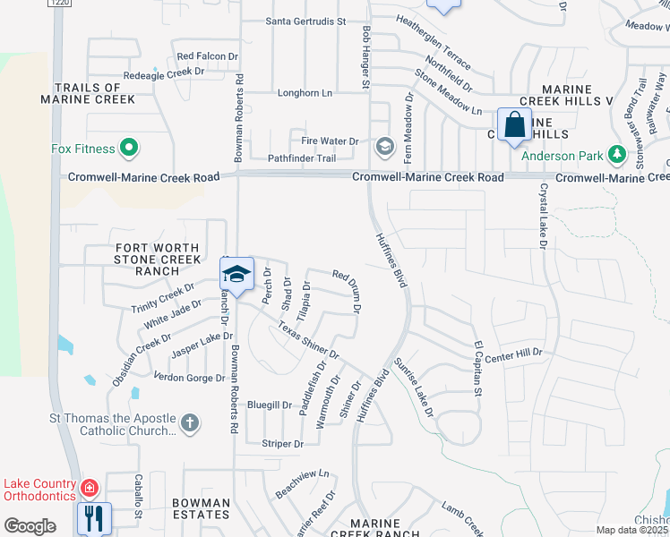 map of restaurants, bars, coffee shops, grocery stores, and more near 6016 Red Drum Drive in Fort Worth