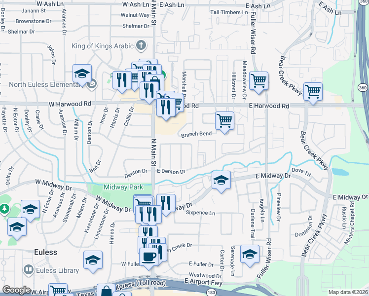 map of restaurants, bars, coffee shops, grocery stores, and more near 816 Midcreek Drive in Euless
