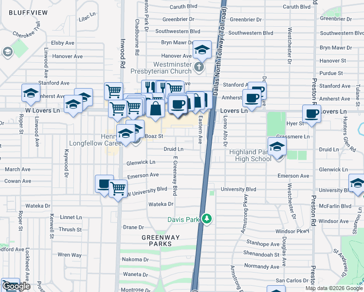map of restaurants, bars, coffee shops, grocery stores, and more near 5515 Druid Lane in Dallas