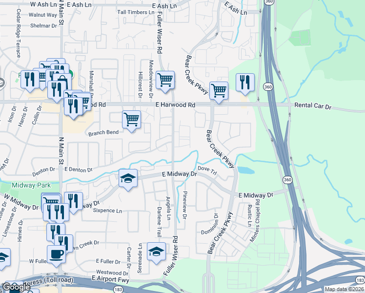 map of restaurants, bars, coffee shops, grocery stores, and more near 1002 Fuller Wiser Road in Euless