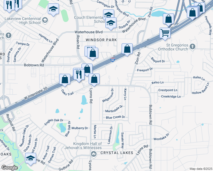 map of restaurants, bars, coffee shops, grocery stores, and more near 4245 Bobtown Road in Garland