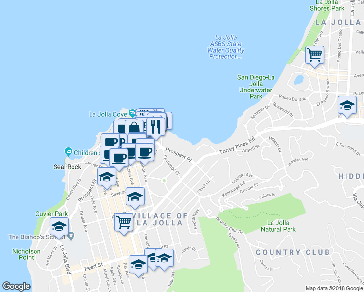 map of restaurants, bars, coffee shops, grocery stores, and more near 1435 Coast Walk in San Diego