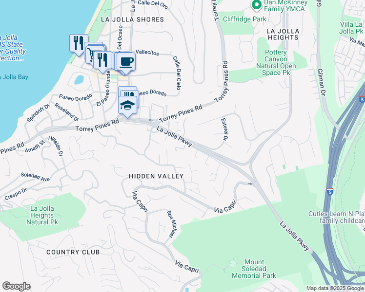 map of restaurants, bars, coffee shops, grocery stores, and more near 2523 Ardath Road in San Diego