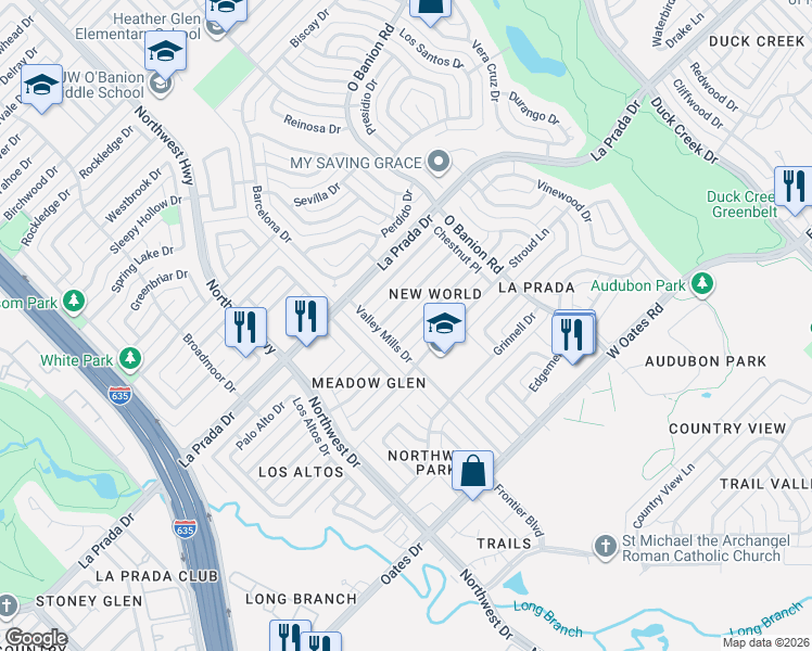 map of restaurants, bars, coffee shops, grocery stores, and more near 625 Oxford Park in Garland