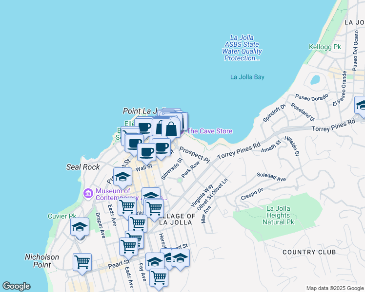 map of restaurants, bars, coffee shops, grocery stores, and more near 7985 Prospect Place in San Diego