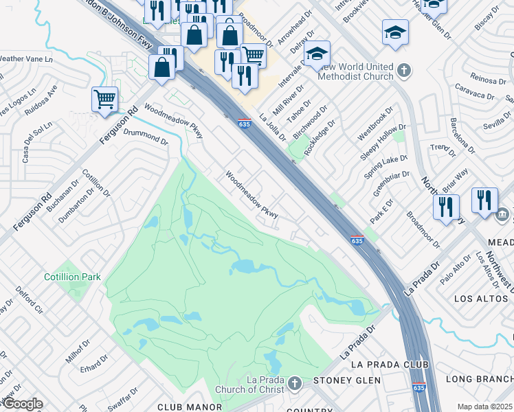 map of restaurants, bars, coffee shops, grocery stores, and more near 11011 Woodmeadow Parkway in Dallas