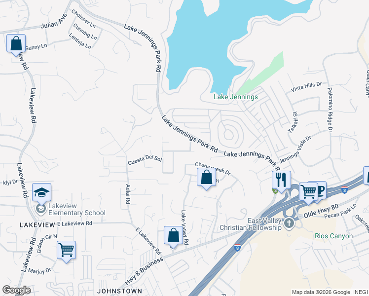 map of restaurants, bars, coffee shops, grocery stores, and more near 13872 Jack Oak Lane in Lakeside